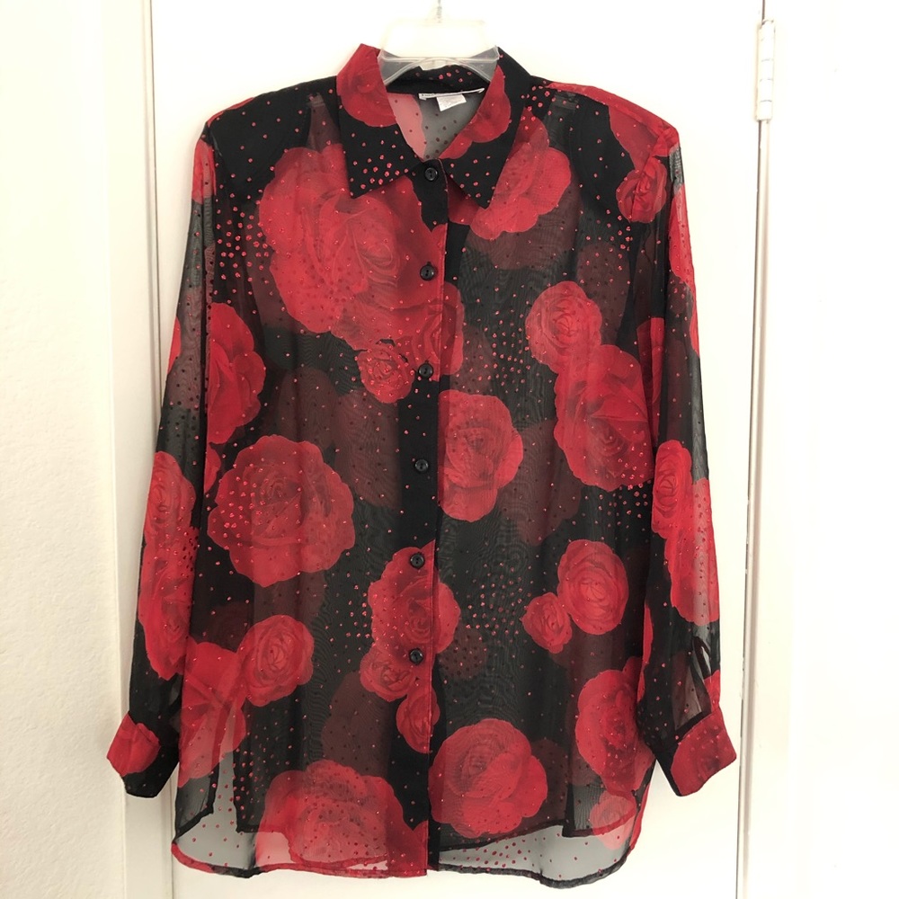 Vintage Sparkly Rose Button Down Blouse